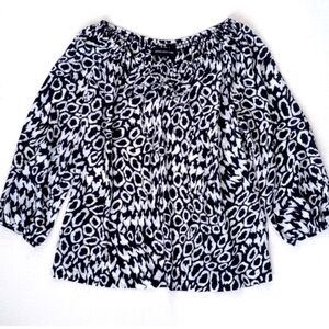 Jones New York Navy Blue White Leopard Print Summer 3/4 Sleeve Sheer Blouse M
